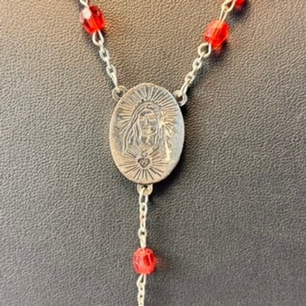 Vintage Rosary Necklace Red Crystal Beads Silver Tone Crucifix Religious Goth - Picture 5 of 7